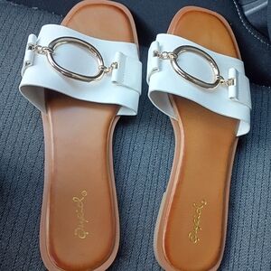 White and Brown Slide Sandals